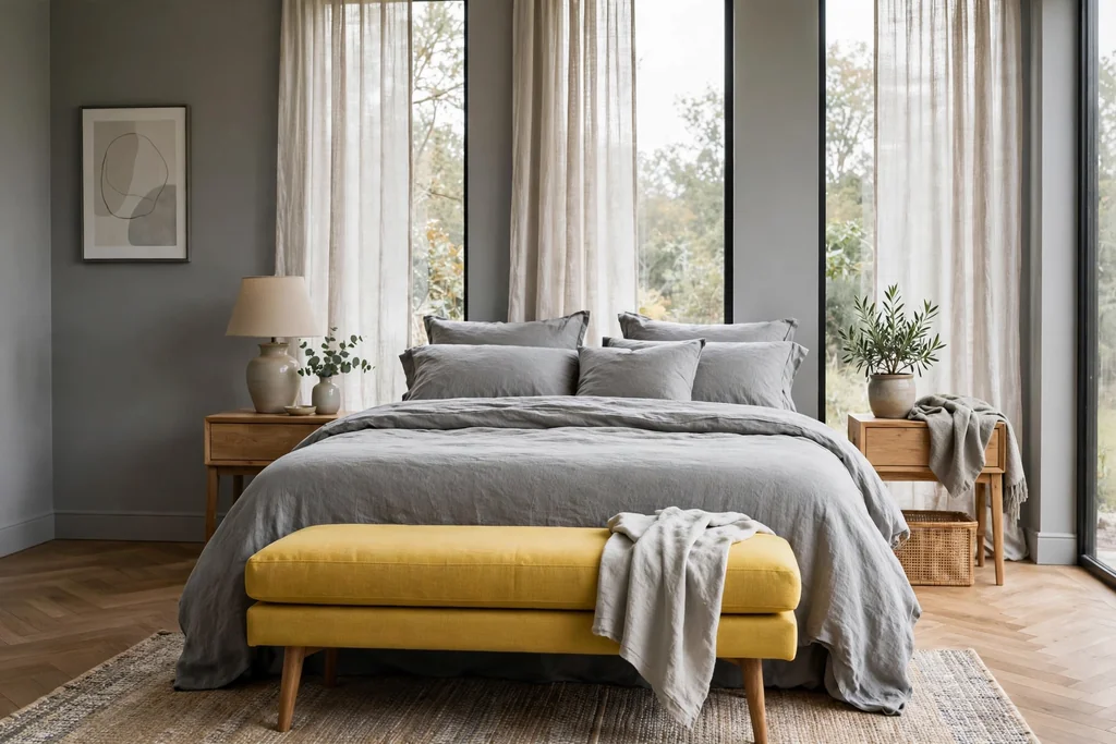 Bedroom with a yellow bench at the foot of a bed with grey bedding.