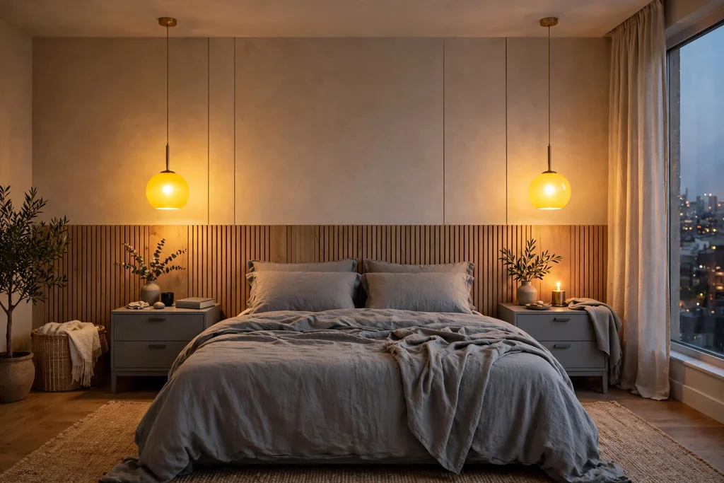 Bedroom with yellow pendant lights hanging over grey nightstands.