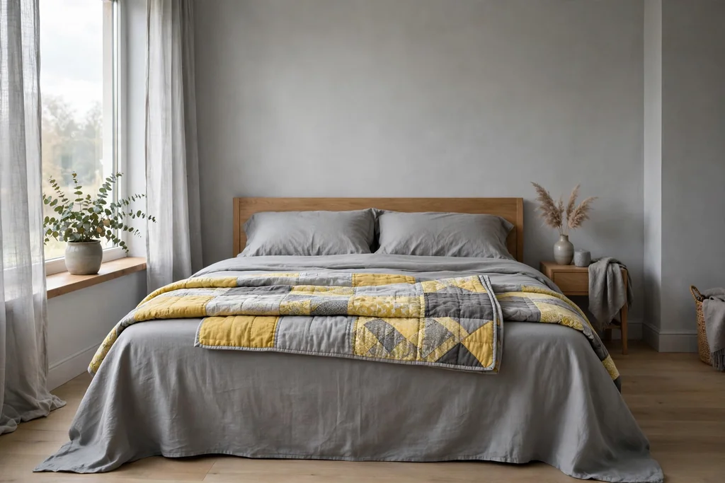 Bed with a yellow and grey patchwork quilt folded across the lower half.