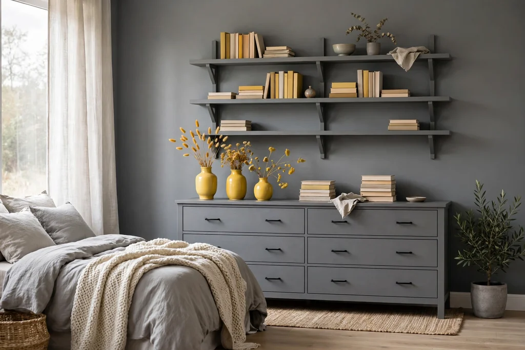 Bedroom open grey shelves above a dresser styled with yellow vases and books.