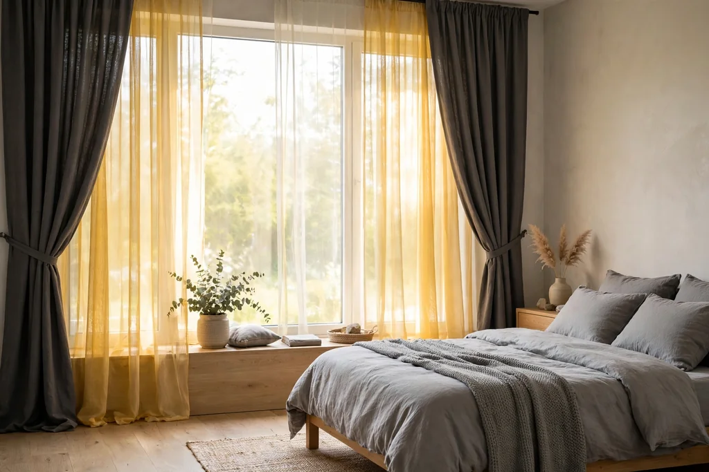 Bedroom window with grey blackout curtains and yellow sheer panels in daylight.