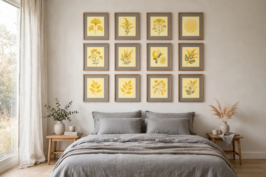 Bedroom wall with a grid of yellow prints in grey mats and simple frames.