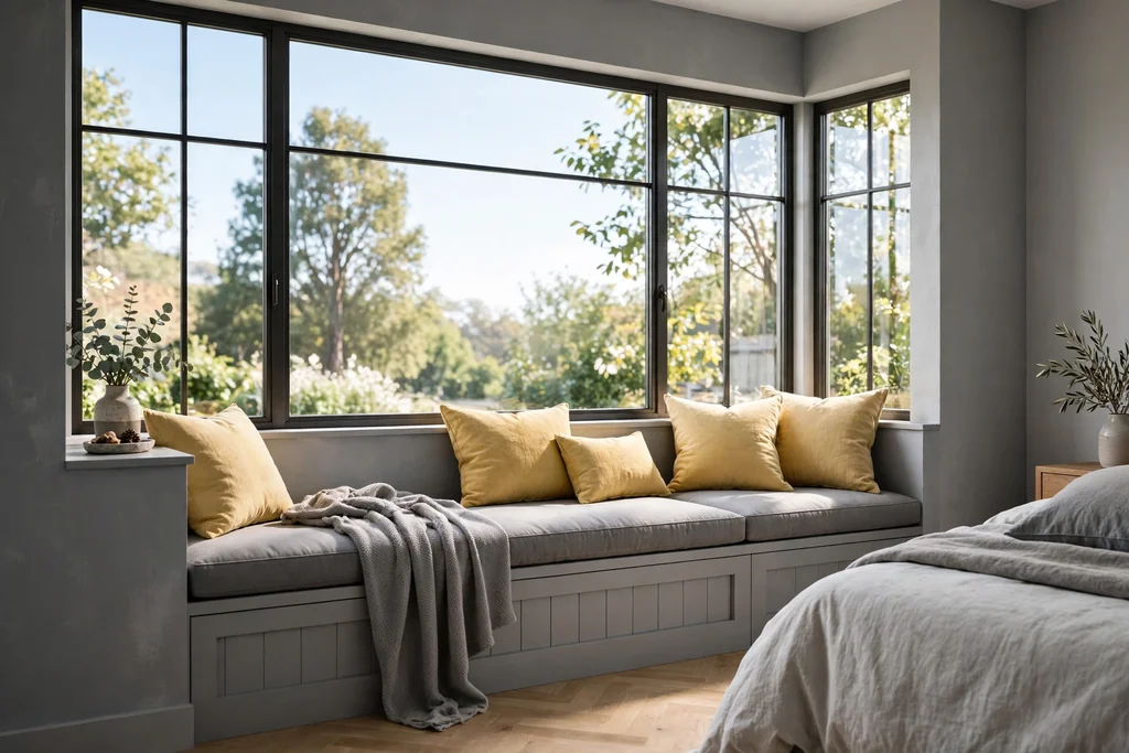 Bedroom window seat in soft grey with yellow cushions and a grey throw.