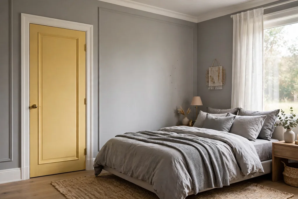 Bedroom with a warm yellow painted door against soft grey walls.