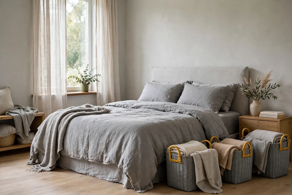 Bedroom with grey woven storage baskets with yellow woven handles.