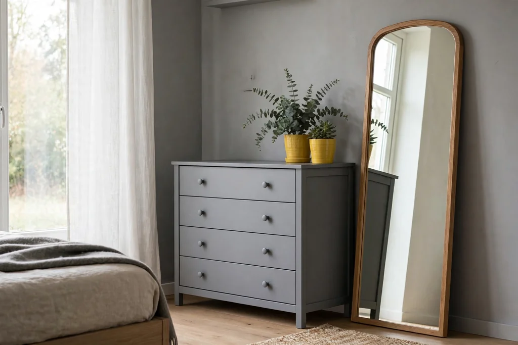 Grey dresser with potted plants in yellow pots beside a bedroom mirror.