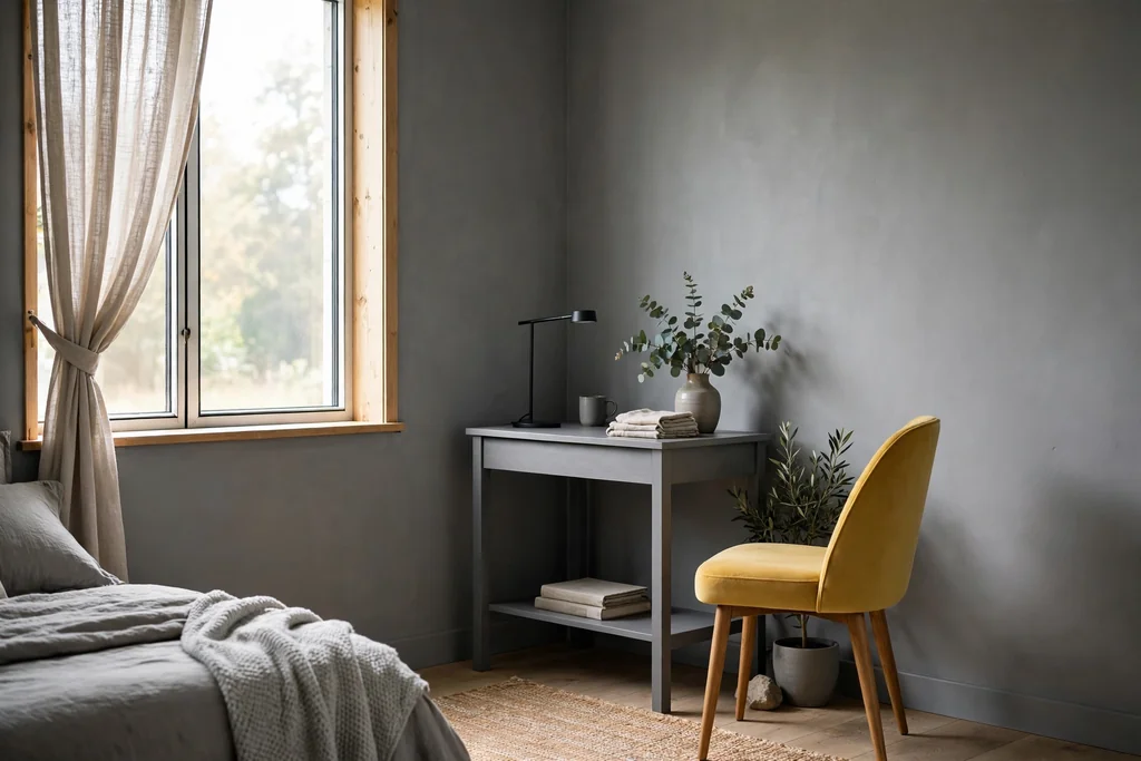 Bedroom corner with a small grey desk and a warm yellow chair.