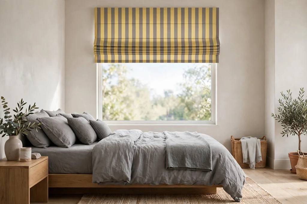 Bedroom window with a yellow and grey striped roman blind in a neat fold.