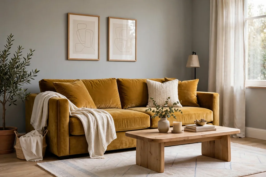 Mustard velvet sofa against soft grey walls, a pale rug and a wood coffee table.