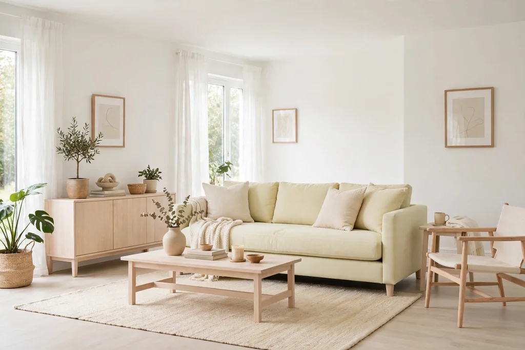 Pale lemon sofa in a bright white living room with pale wood and a light rug.