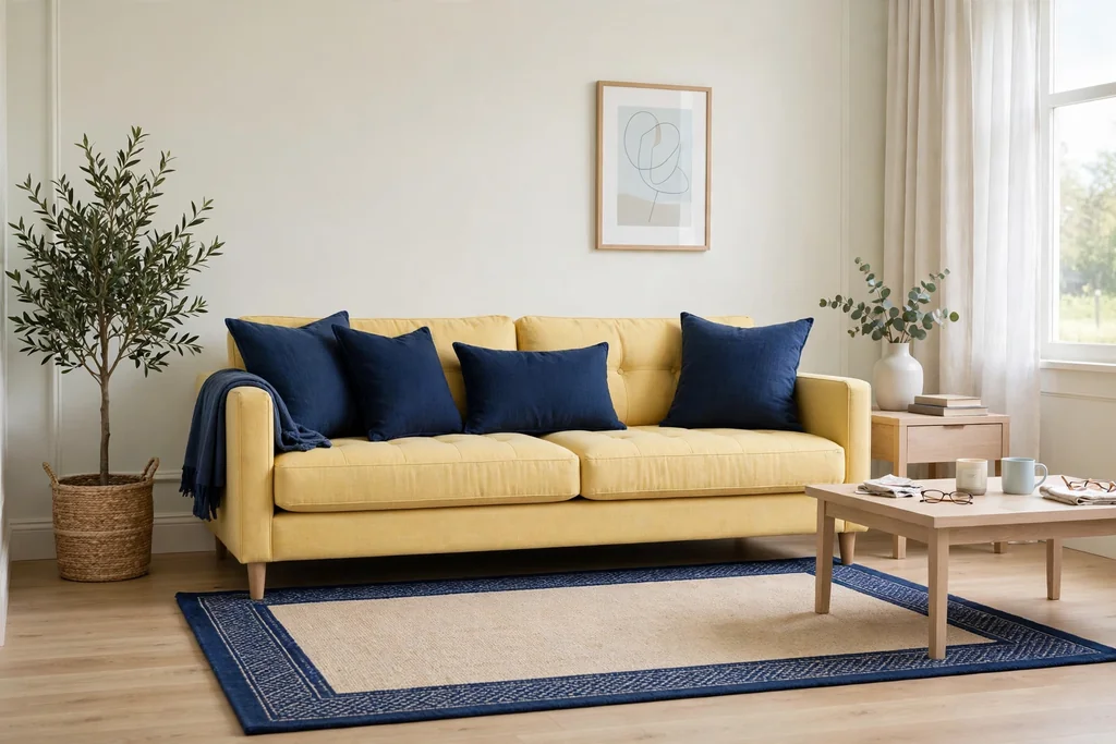 Yellow sofa with navy blue cushions and a navy rug border in a pale living room.