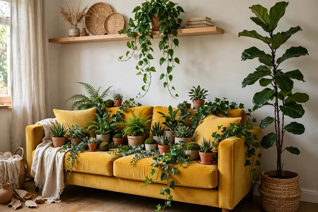 Yellow sofa layered with green plants, a tall floor plant beside it and a trailing plant on a shelf.