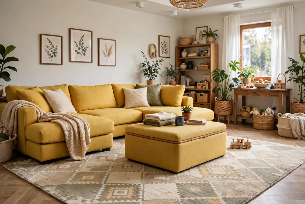 Yellow sectional sofa in a family living room with a large rug and a storage ottoman.