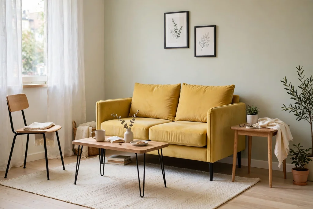 Yellow loveseat in a small living room with a pale rug and slim legged furniture.