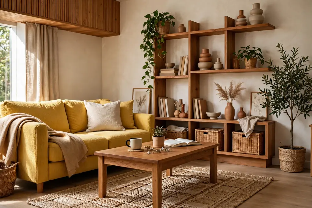 Yellow sofa with warm wood tones, a wood coffee table, wood shelves and a woven rug.