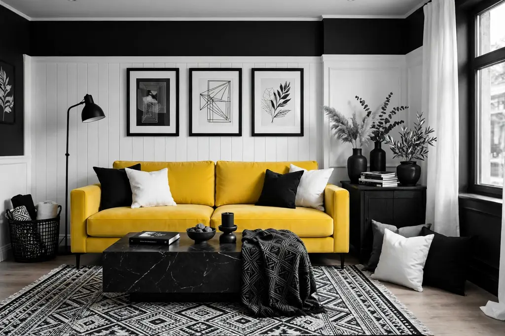 Yellow sofa as the single color note in a black and white living room with a patterned rug.