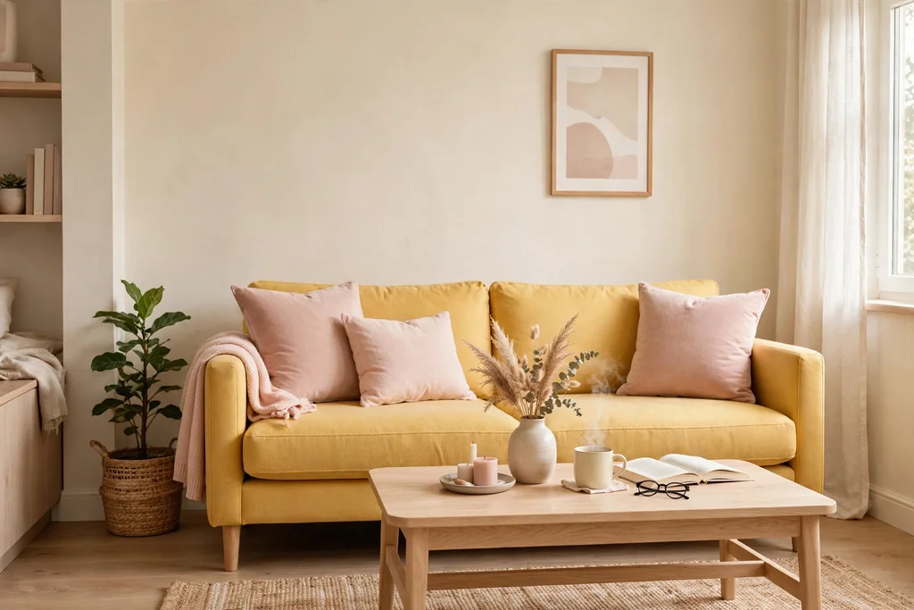 Yellow sofa with blush pink cushions, cream walls and a light wood table.