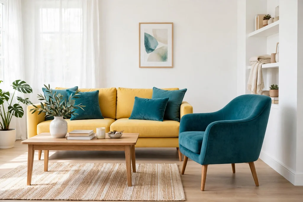 Yellow sofa with teal cushions and a teal armchair in a bright white room.