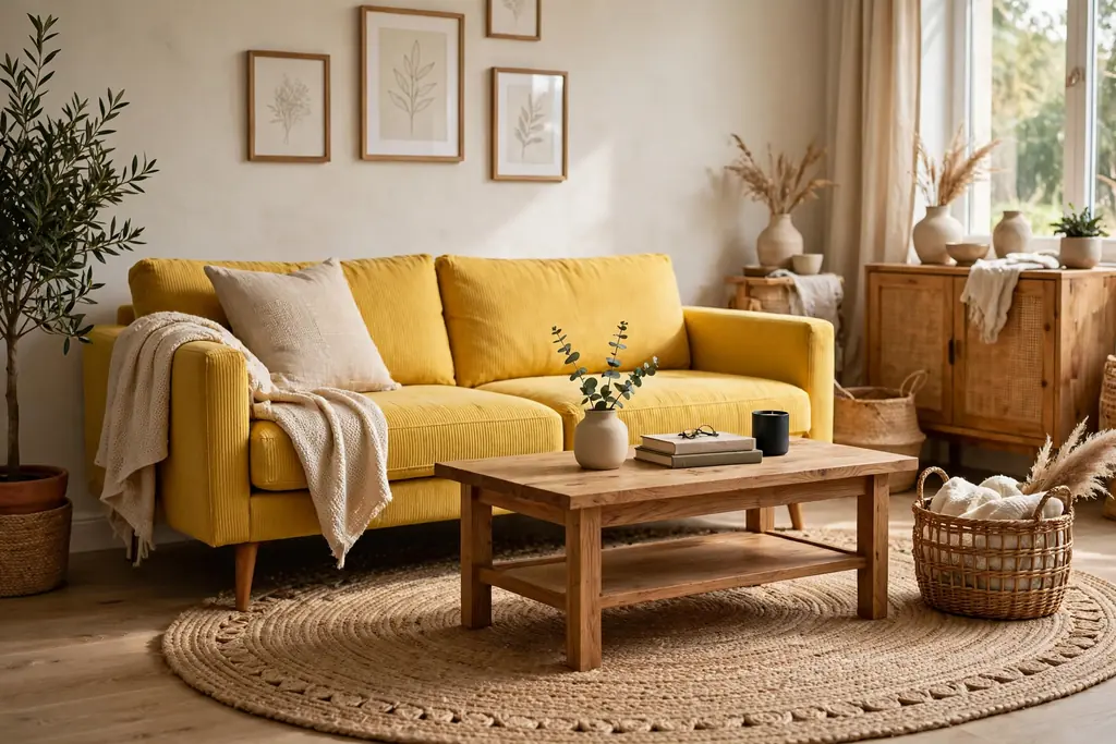 Yellow sofa on a natural jute rug with a wood coffee table and a woven basket.