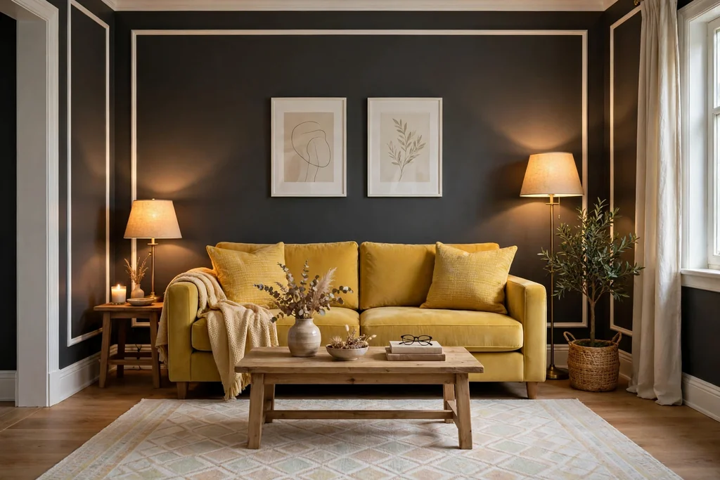 Yellow sofa against charcoal walls with white trim, warm lamps and a pale rug.
