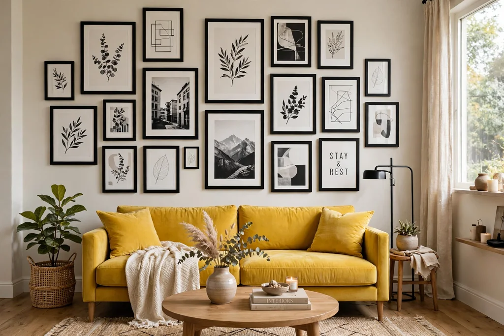 Yellow sofa below a large gallery wall with black framed prints.