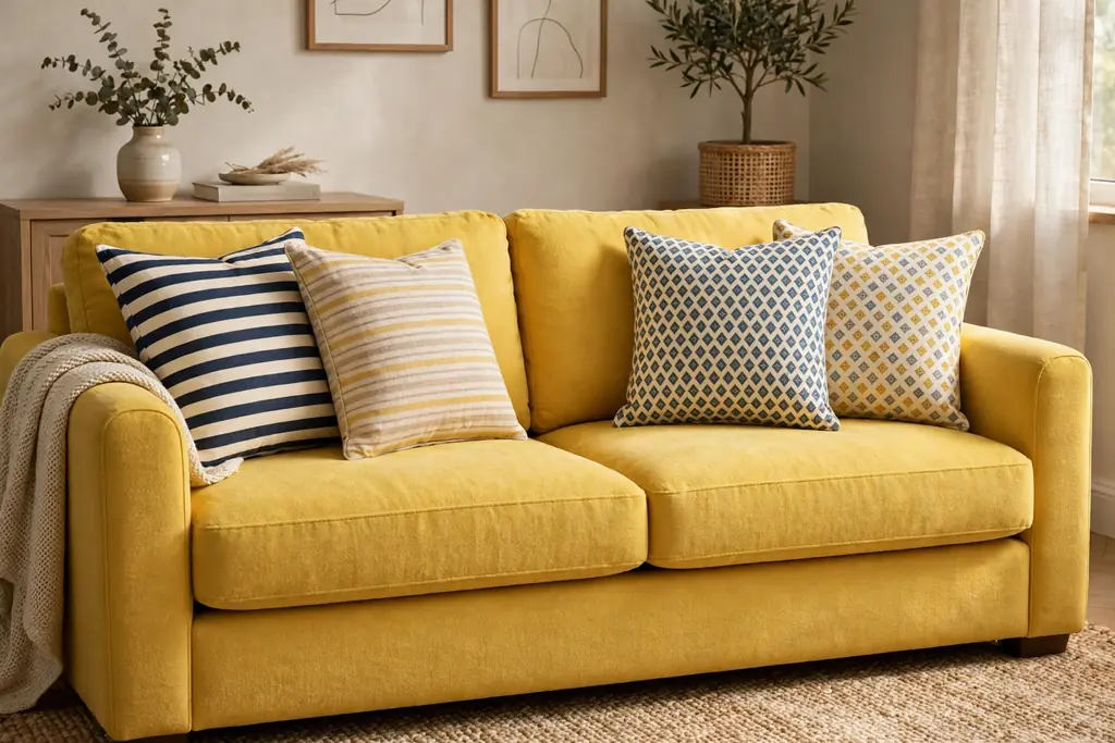 Yellow sofa with mixed pattern cushions in stripes and a small geometric print.