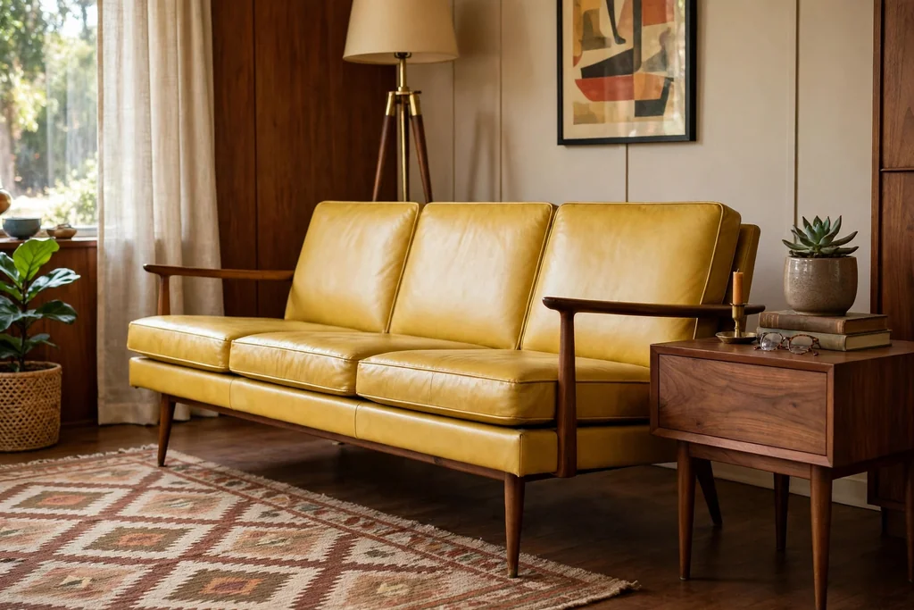 Mid century yellow leather sofa with slim arms, tapered legs and a walnut side table.