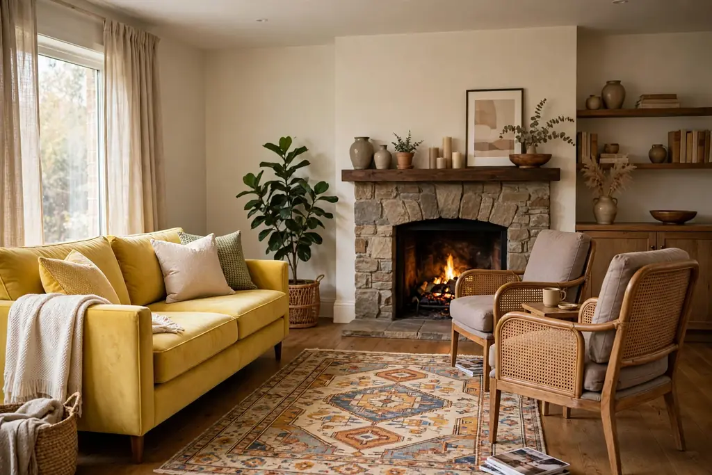 Yellow sofa facing a fireplace with a rug between them and a pair of chairs.