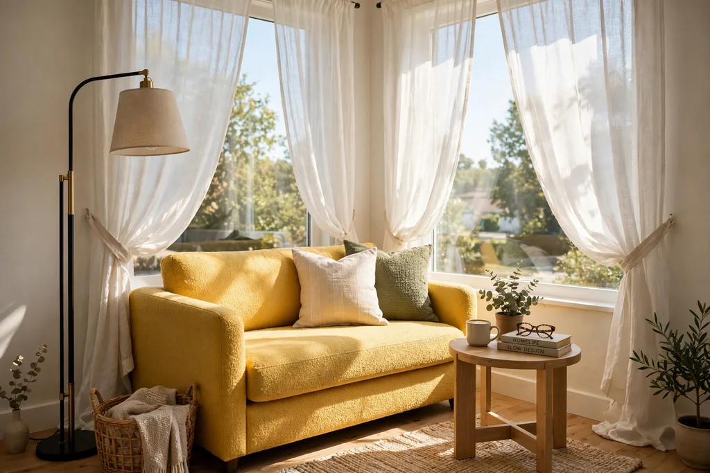 Yellow sofa in a sunny window corner with sheer curtains, a side table and a floor lamp.