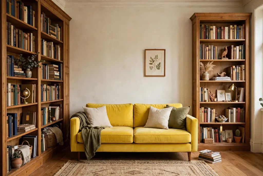 Yellow sofa framed by bookshelves on both sides filled with books and a few objects.