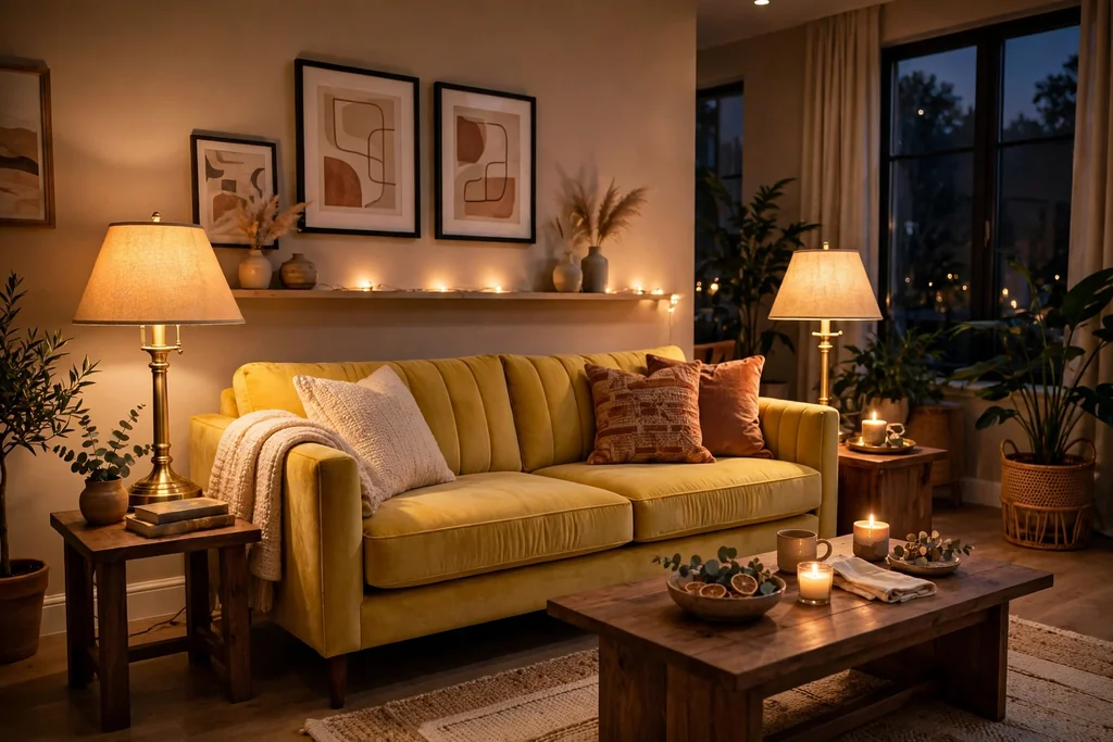 Yellow sofa with brass lamps and warm lighting in the evening.
