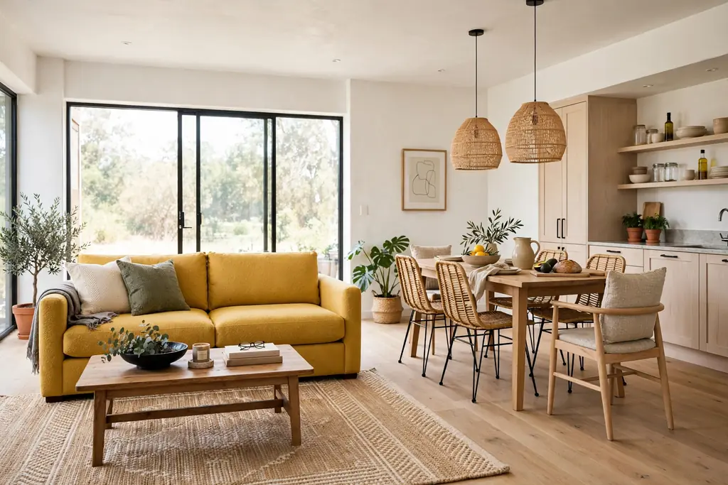 Yellow sofa marking the living zone in an open plan living and dining room.