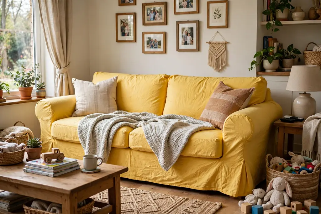 Washable yellow slipcover sofa in a family living room with a throw over the seat cushions.