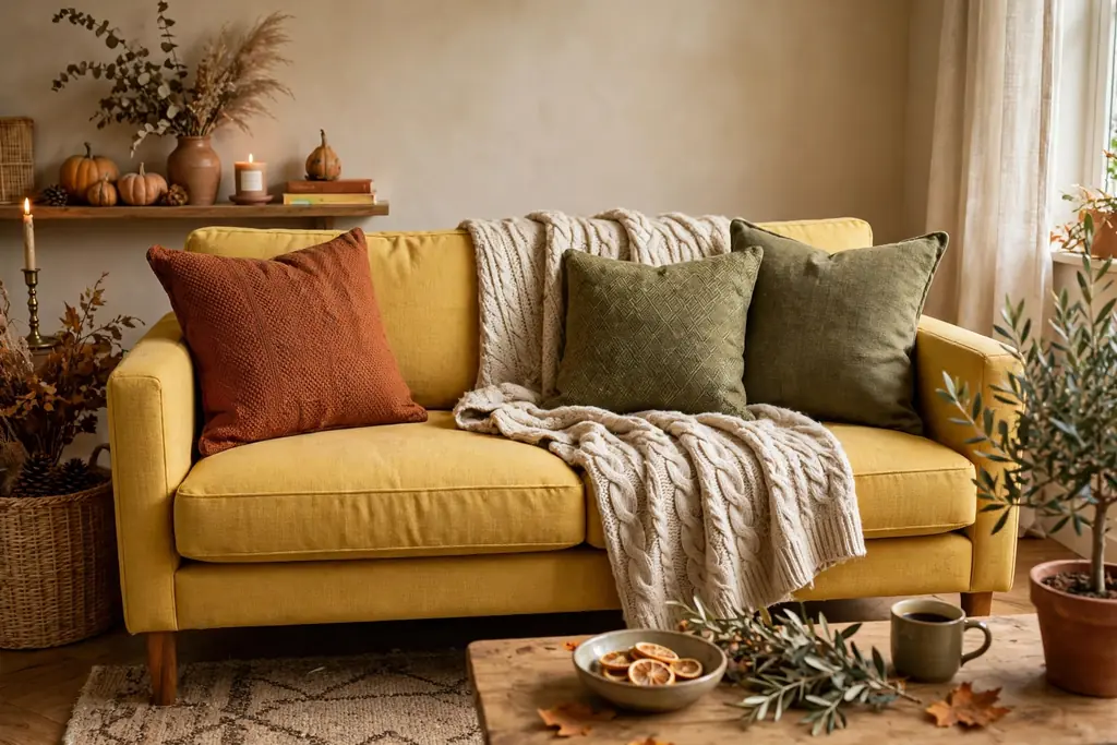 Yellow sofa styled with autumn cushions in rust and olive and a wool throw.