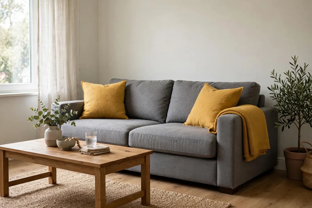 Mid grey sofa with mustard yellow cushions and a folded mustard throw in a pale living room