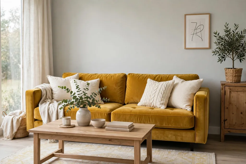 Mustard yellow velvet sofa against soft pale grey walls with cream cushions and a light rug