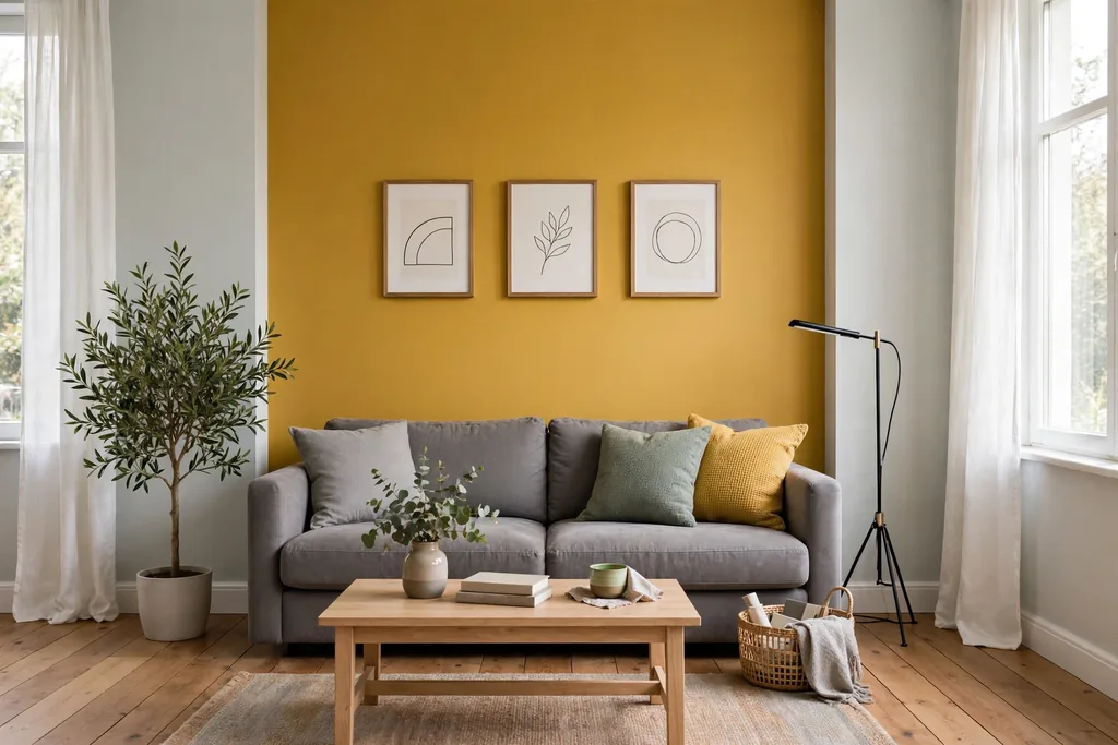 Living room with one mustard yellow feature wall behind a grey sofa and pale grey side walls