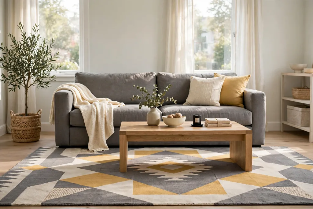 Grey sofa on a large geometric rug in grey mustard yellow and cream with a wooden coffee table