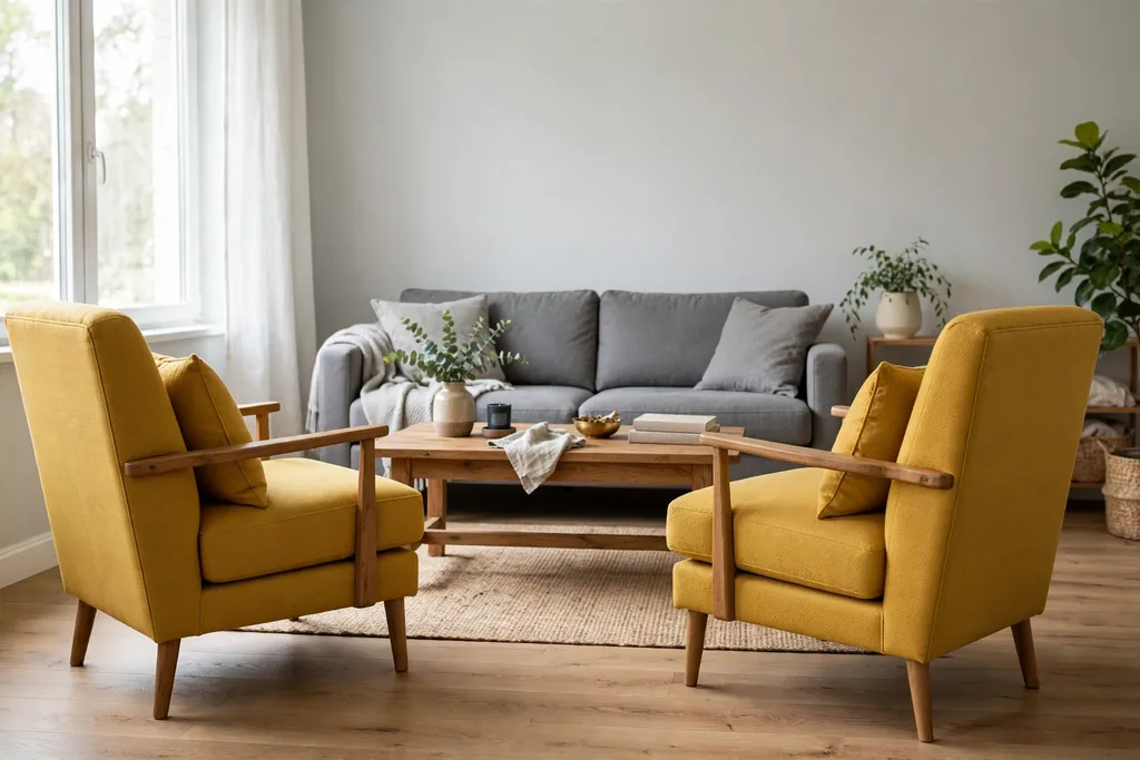 Two mustard yellow armchairs facing a grey sofa across a wooden coffee table in a pale living room