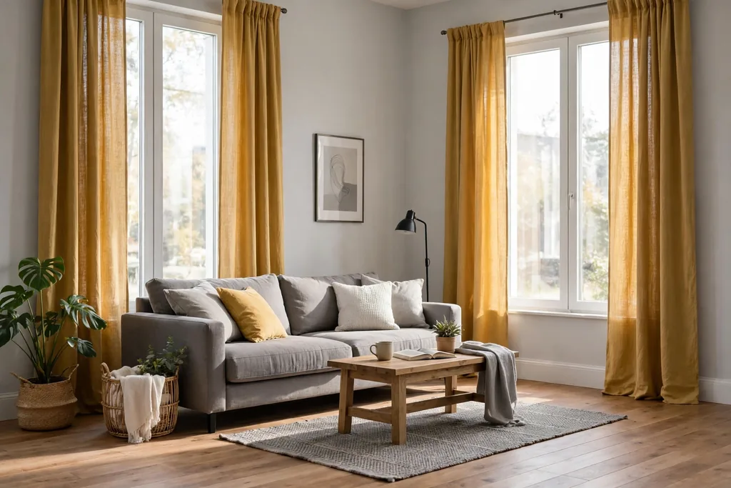 Living room with tall windows dressed in mustard yellow curtains beside a grey sofa and pale grey walls