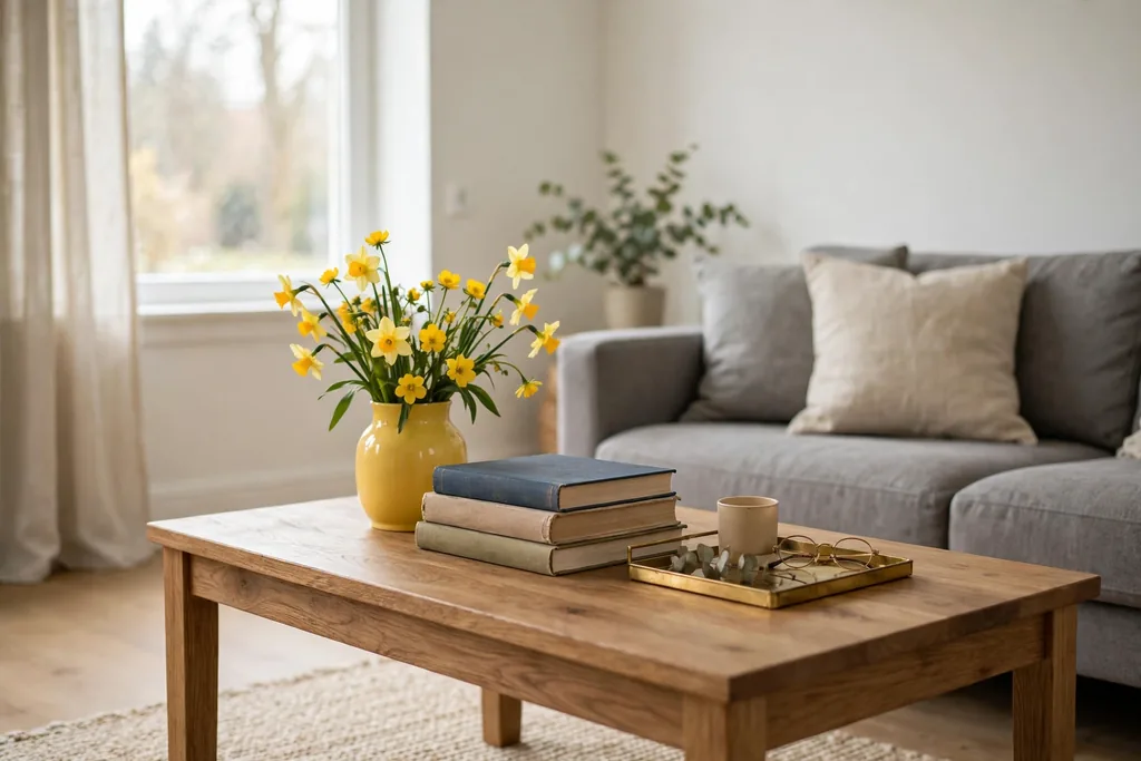 Wooden coffee table styled with a yellow vase of flowers a stack of books and a small tray in front of a grey sofa