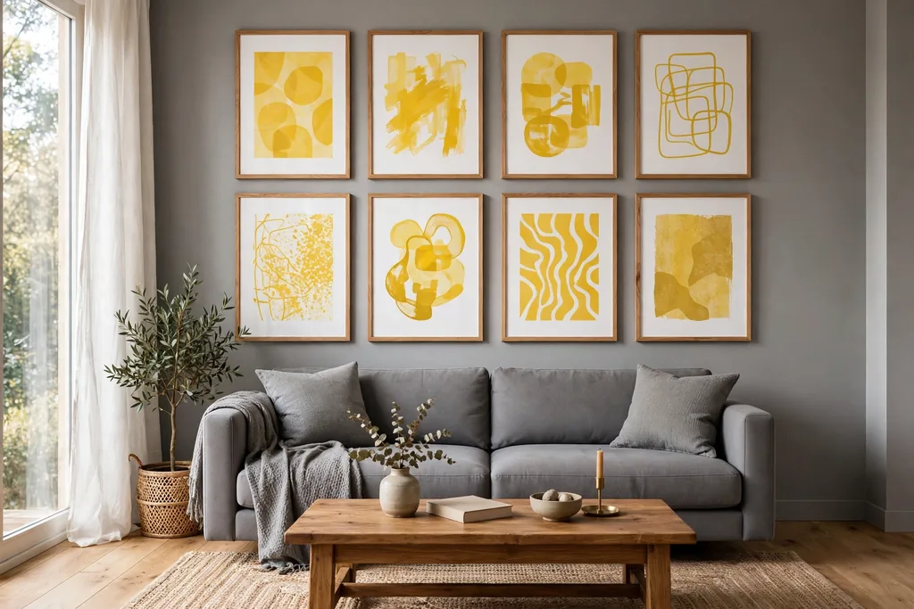 Grey sofa below a gallery wall of framed art prints with yellow abstract prints on a grey wall