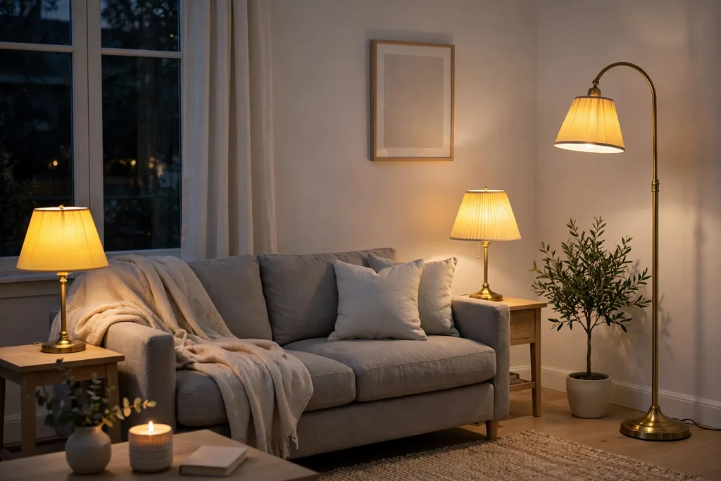 Grey sofa in the evening lit by warm lamps with yellow shades and a brass floor lamp