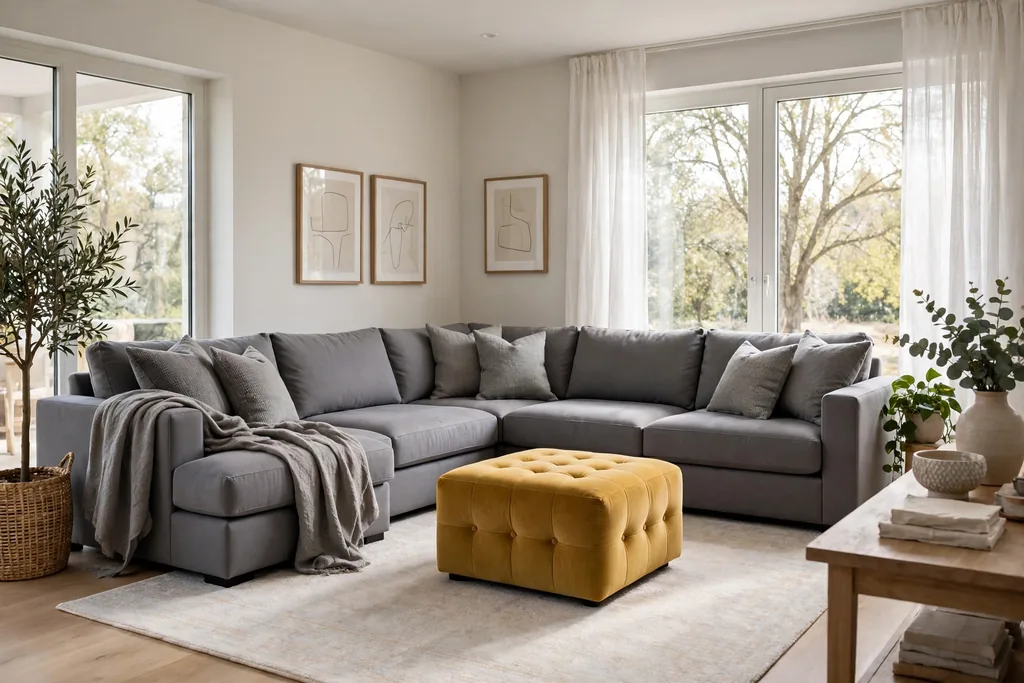 Large grey sectional sofa with a mustard yellow ottoman in the center on a pale rug