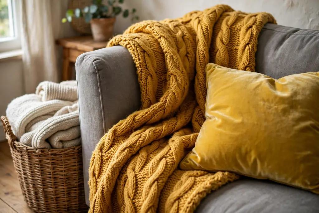 Grey sofa layered with a chunky knit mustard throw and a velvet yellow cushion beside a basket of blankets