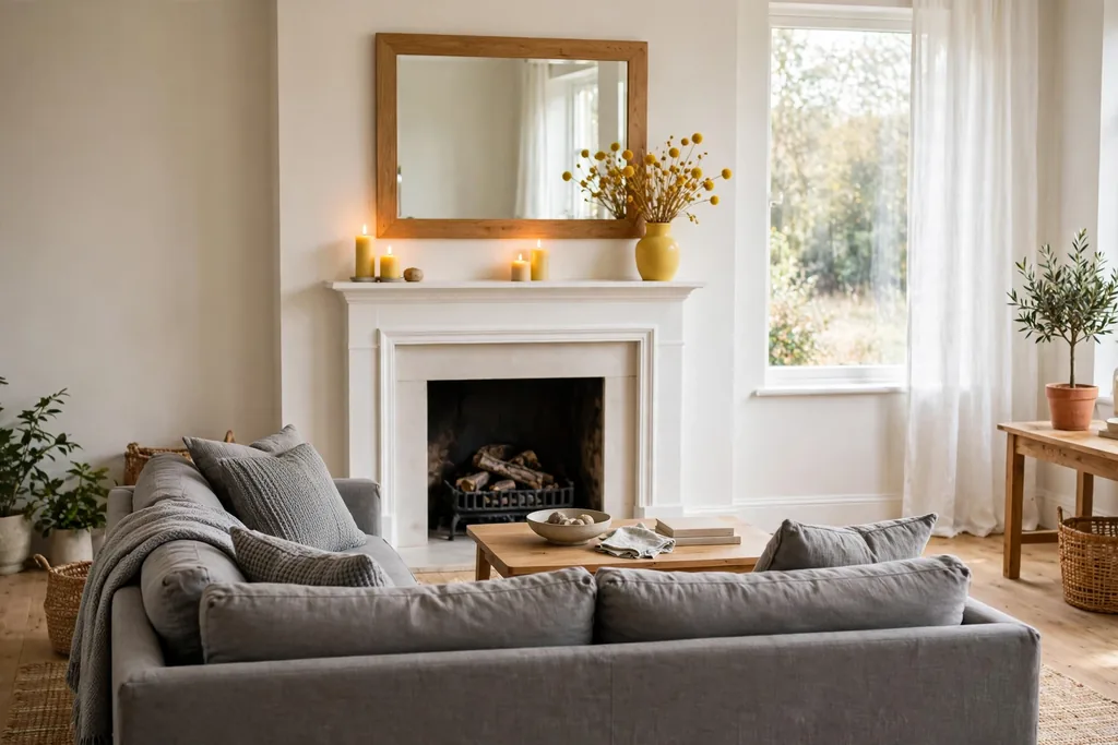 Grey sofa facing a fireplace with a white mantel styled with yellow candles a yellow vase and a mirror above