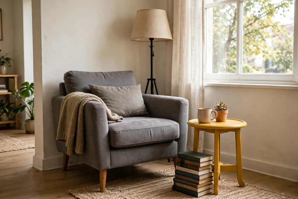 Cozy reading corner with a grey armchair a small mustard yellow side table a floor lamp and books beside a window