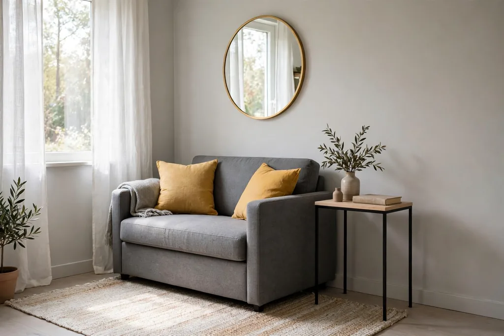 Small living room with a compact grey loveseat mustard yellow cushions a round mirror on a pale grey wall and a light rug