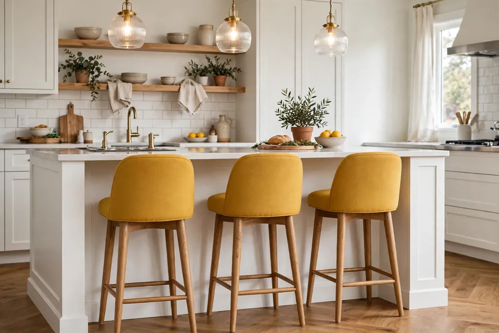 Mustard bar stools with wood legs tucked under a white kitchen island.