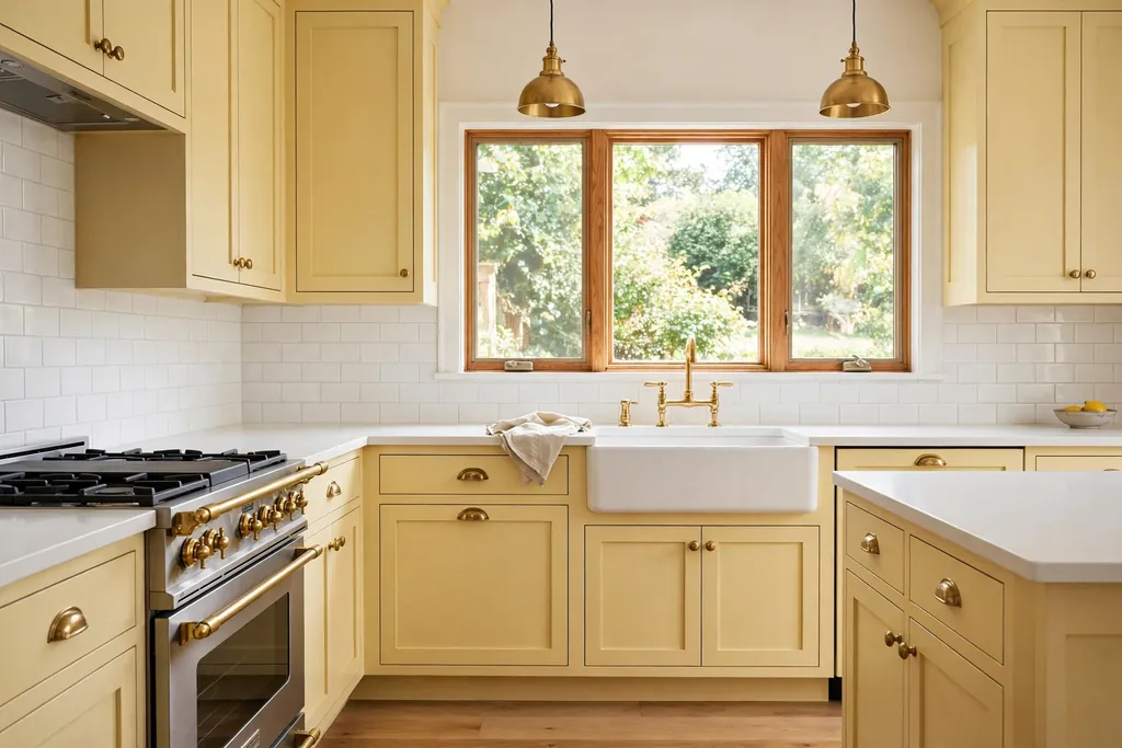 Kitchen with butter yellow painted cabinets, white counters, and brass hardware.